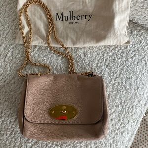 Mulberry leather bag, medium, lightly used, pink/beige, cross body, gold chain